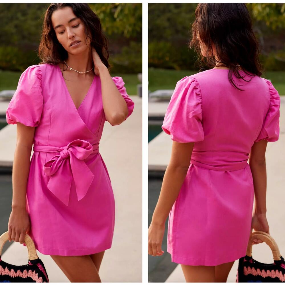 ANTHROPOLOGIE x CHARLIE HOLIDAY Linen Puff Sleeve Mini Dress Pink Sz 6 {3W45} - Picture 1 of 6